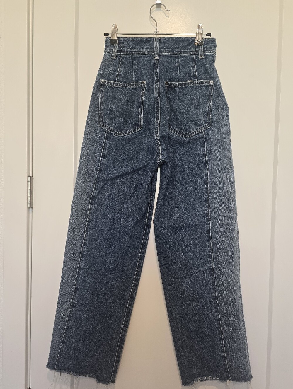 Barrel Leg Horseshoe High Waisted Boutique Blue Denim Jeans With Raw Hem - Picture 5 of 7